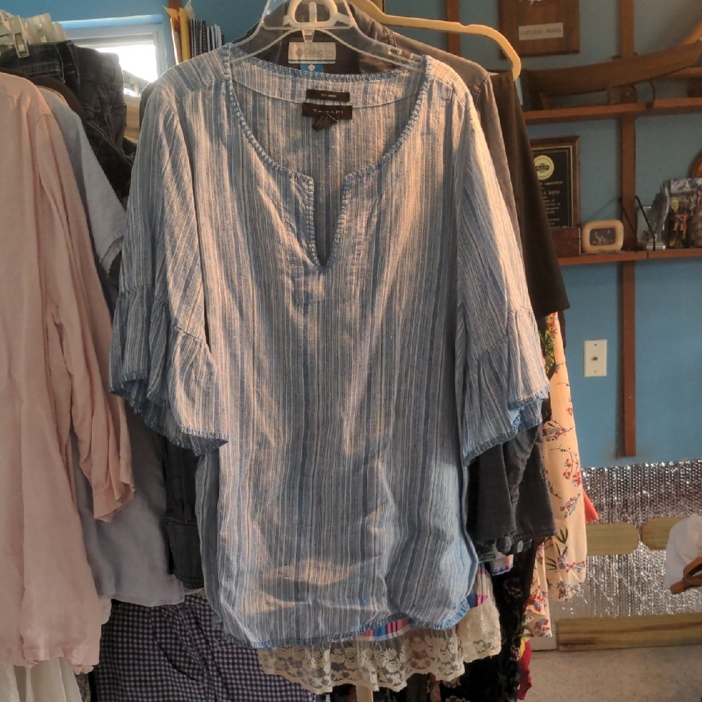 Tahari Blue and White Striped Peasant Top